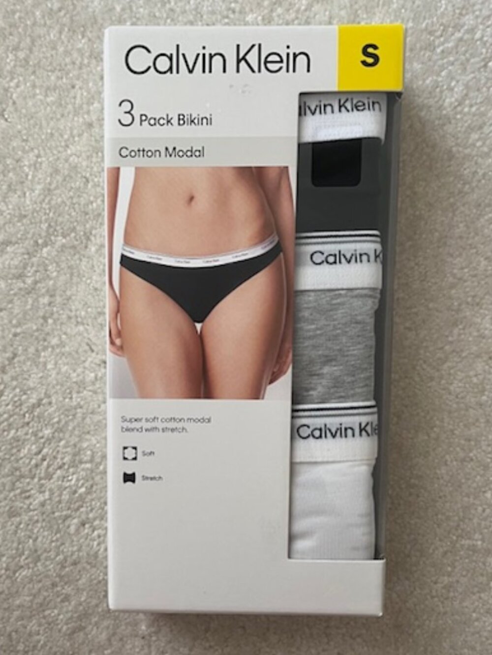 Calvin Klein 3- Pack White, Black, & Grey Bikini Cotton Modal S